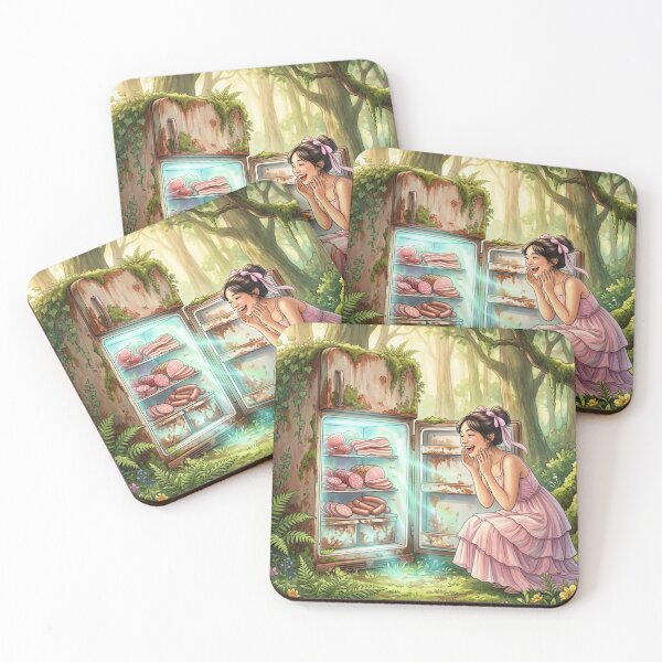 Item preview, Happy Girl Discovering Vintage Fridge in Magical Forest designed and sold by M-Y-A-R-T-.