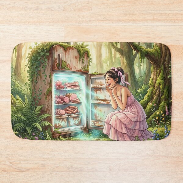 Item preview, Happy Girl Discovering Vintage Fridge in Magical Forest designed and sold by M-Y-A-R-T-.