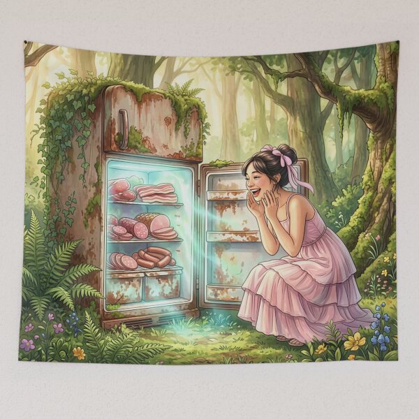 Item preview, Happy Girl Discovering Vintage Fridge in Magical Forest designed and sold by M-Y-A-R-T-.