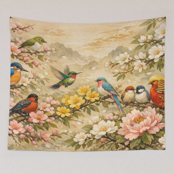 Item preview, Colorful birds in a sea of flowers designed and sold by Sigtrix.