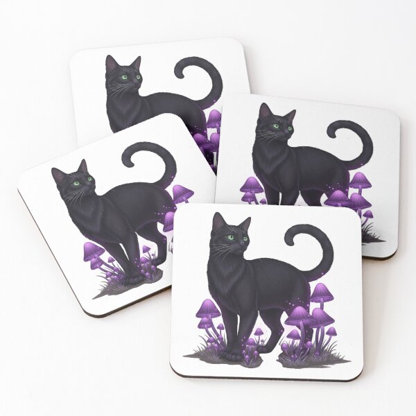 Item preview, Black Cat Standing Among Purple Mushrooms designed and sold by IllumeInk.