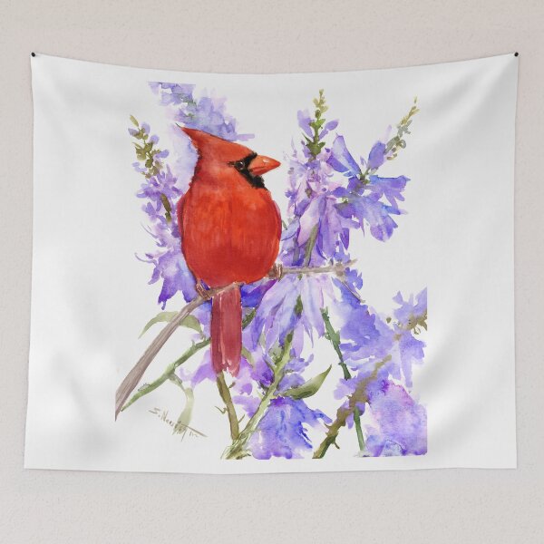 Item preview, Cardinal with Purple-Blue Flowers designed and sold by surenart.