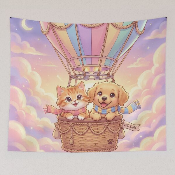 Item preview, Cute Cat and Dog Hot Air Balloon Adventure | Kawaii Animal Sky Journey | Furfolkz Whimsical Pet Friends designed and sold by Furfolkz.