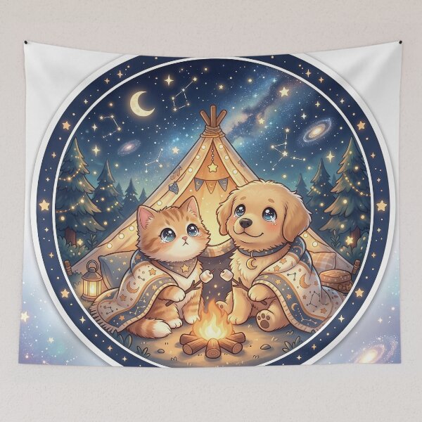 Item preview, Cute Cat and Dog Camping Under the Stars | Cozy Campfire Animal Friends | Kawaii Night Adventure Furfolkz Design designed and sold by Furfolkz.