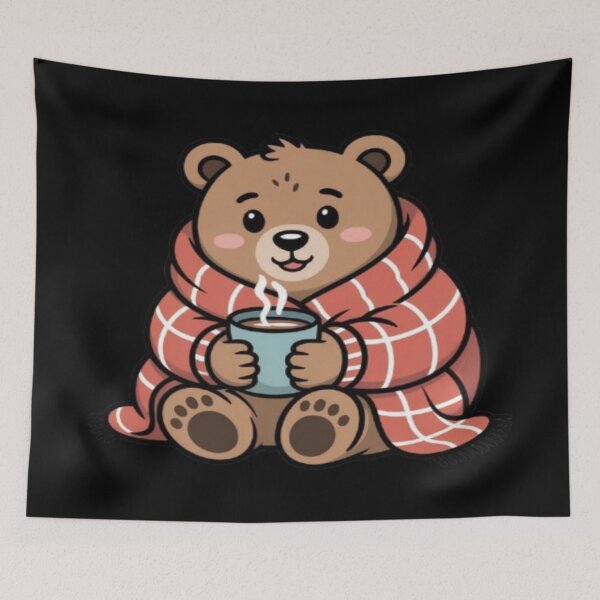 Aperçu de l'œuvre Ours mignon emmitouflé dans une couverture avec une boisson chaude créée et vendue par DailySparks.