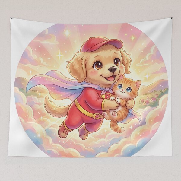 Item preview, Cute Superhero Puppy Saving Kitten | Kawaii Pet Hero Flying in the Sky | Furfolkz Adorable Animal Rescue designed and sold by Furfolkz.