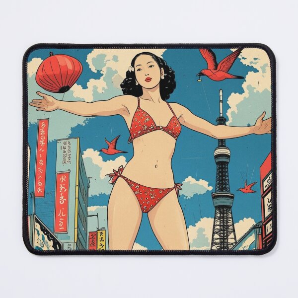 Item preview, Retro Ukiyo-e Giantess - 1950s Campy Kaiju Pin-Up in Vintage Tokyo designed and sold by Vandy Fullam.
