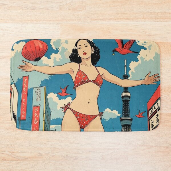 Item preview, Retro Ukiyo-e Giantess - 1950s Campy Kaiju Pin-Up in Vintage Tokyo designed and sold by Vandy Fullam.