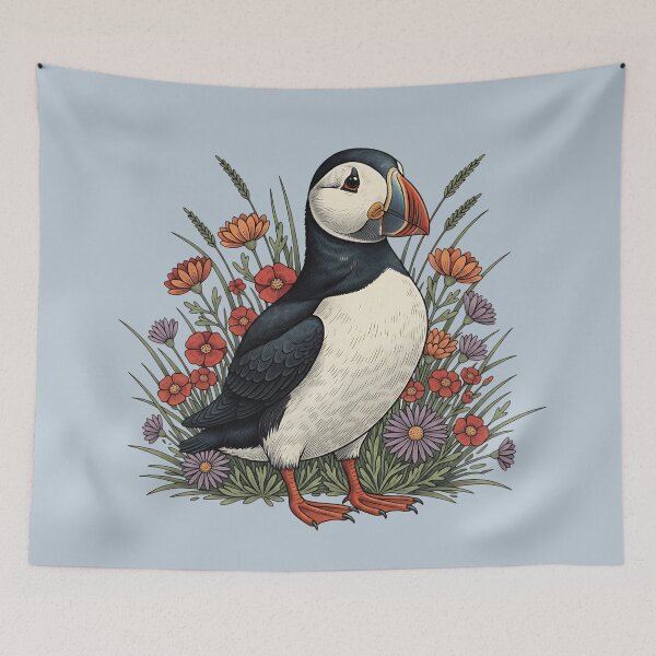 Item preview, Atlantic Puffin With Wildflowers Bird Theme Print designed and sold by BirdsnStuff.