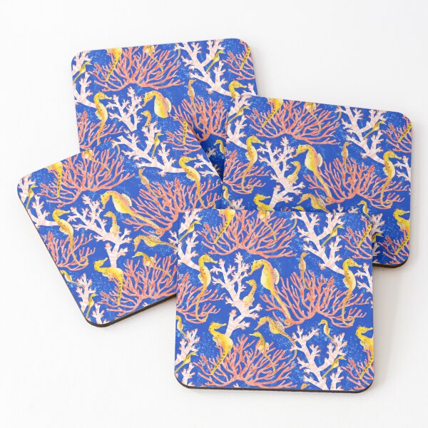Item preview, Floral coral seahorse whirl - navy background designed and sold by Pxycrafts.