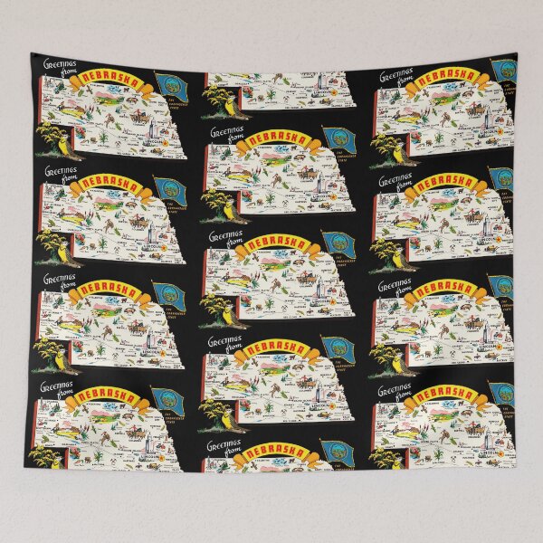 Item preview, Greetings From Nebraska Vintage Map Postcard Illustration Showing State Flag, Towns, Agriculture and Landmarks designed and sold by portokalis.