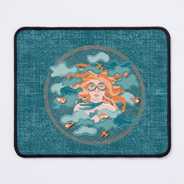 Item preview, Illustration of a female aviator among the clouds with airplanes and helicopters, on a green cowboy background designed and sold by WONDERPRINTVALLEY.