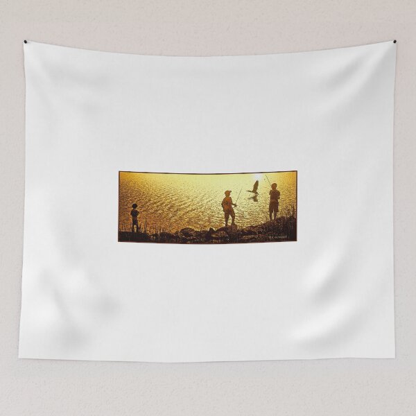 Item preview, Boys Fishing at Dusk, Cormorant Fly By, Digital Illustration designed and sold by AMacGPhilly.