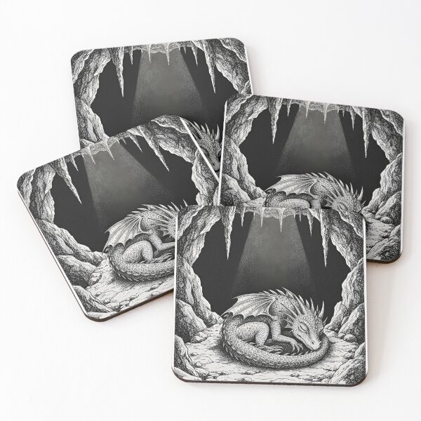 Item preview, Sleeping Dragon in a Mystical Cave – Detailed Black and White Illustration designed and sold by Darkness Hole.