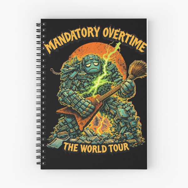Item preview, Funny Office Golem Mandatory Overtime World Tour Retro 80s Thrash Rock Parody Tee designed and sold by Mythic Ink Studio.