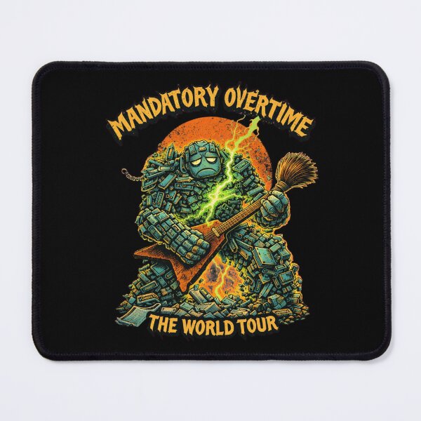 Item preview, Funny Office Golem Mandatory Overtime World Tour Retro 80s Thrash Rock Parody Tee designed and sold by Mythic Ink Studio.