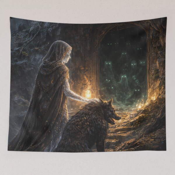 Item preview, Dark Fantasy Sorceress Wolf Cave Spirits Art designed and sold by KnitOfShadoF.