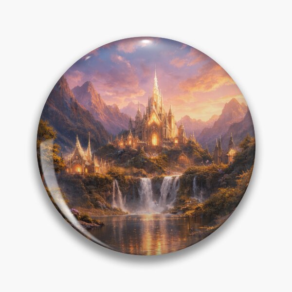 Item preview, Enchanted Fantasy Castle – Golden Kingdom by Waterfall, Magical Landscape designed and sold by DrakariArt.