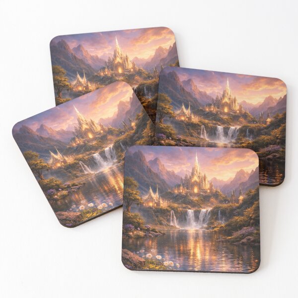 Item preview, Enchanted Fantasy Castle – Golden Kingdom by Waterfall, Magical Landscape designed and sold by DrakariArt.