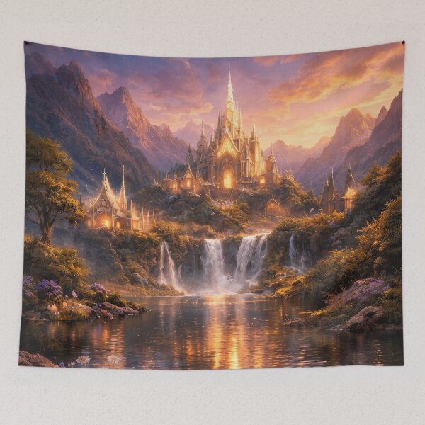 Item preview, Enchanted Fantasy Castle – Golden Kingdom by Waterfall, Magical Landscape designed and sold by DrakariArt.