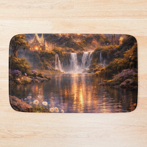 Item preview, Enchanted Fantasy Castle – Golden Kingdom by Waterfall, Magical Landscape designed and sold by DrakariArt.