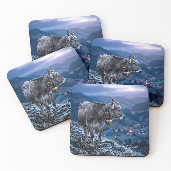 Item preview, Braunvieh Cow Overlooking Twilight Mountain Village designed and sold by Vista Atelier.