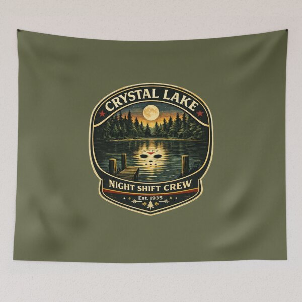 Item preview, Crystal Lake Night Shift Crew Vintage Camp Horror Badge Shirt designed and sold by GhostDawgs.