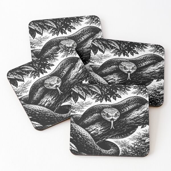 Item preview, Snake Lurking on Tree Branch – Dark Woodcut Jungle Illustration designed and sold by DrizzyV.