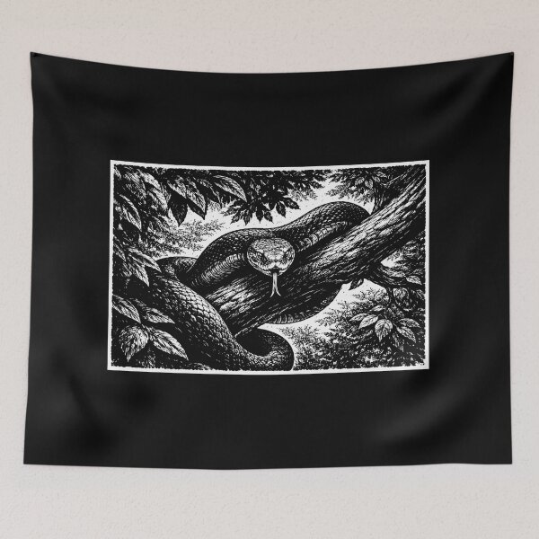 Item preview, Snake Lurking on Tree Branch – Dark Woodcut Jungle Illustration designed and sold by DrizzyV.