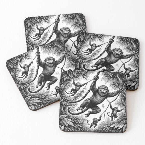 Item preview, Monkeys Swinging on Vines – Jungle Woodcut Illustration designed and sold by DrizzyV.