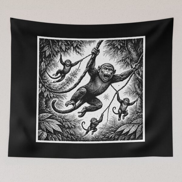 Item preview, Monkeys Swinging on Vines – Jungle Woodcut Illustration designed and sold by DrizzyV.