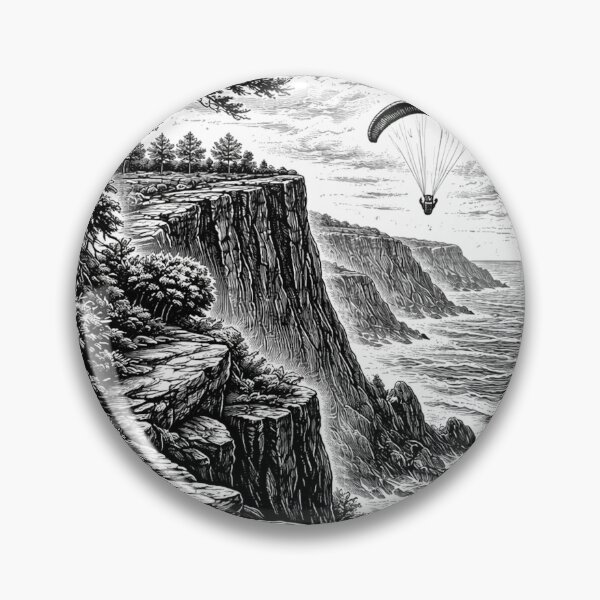 Item preview, Cliffside Paragliding Adventure – Dramatic Woodcut Landscape designed and sold by DrizzyV.