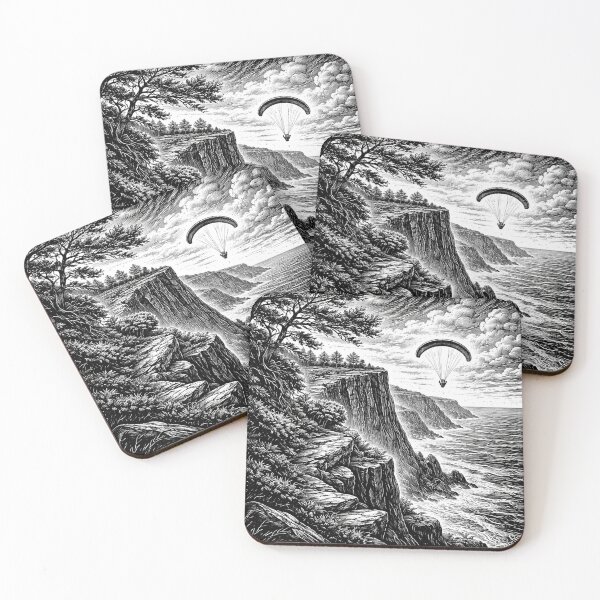 Item preview, Cliffside Paragliding Adventure – Dramatic Woodcut Landscape designed and sold by DrizzyV.