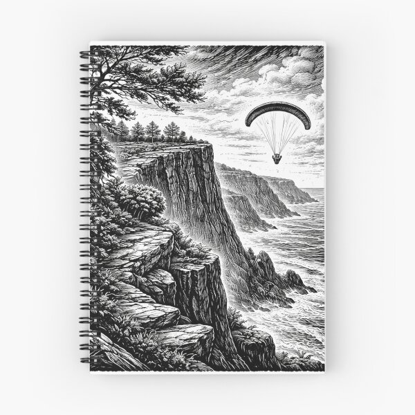 Item preview, Cliffside Paragliding Adventure – Dramatic Woodcut Landscape designed and sold by DrizzyV.