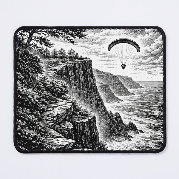 Item preview, Cliffside Paragliding Adventure – Dramatic Woodcut Landscape designed and sold by DrizzyV.