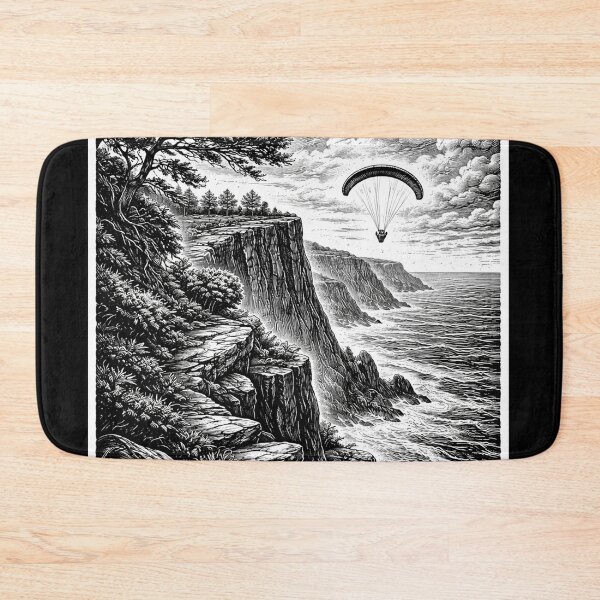 Item preview, Cliffside Paragliding Adventure – Dramatic Woodcut Landscape designed and sold by DrizzyV.