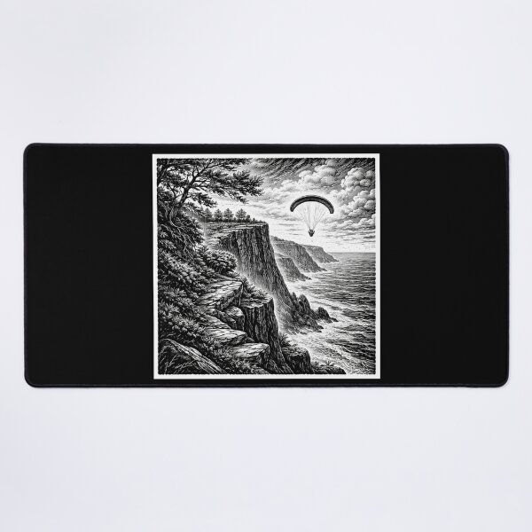 Item preview, Cliffside Paragliding Adventure – Dramatic Woodcut Landscape designed and sold by DrizzyV.