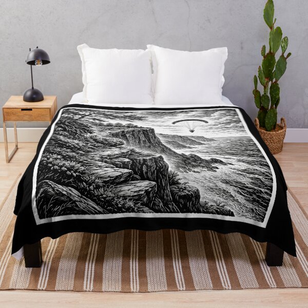 Item preview, Cliffside Paragliding Adventure – Dramatic Woodcut Landscape designed and sold by DrizzyV.
