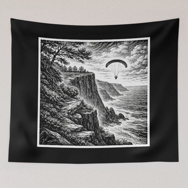 Item preview, Cliffside Paragliding Adventure – Dramatic Woodcut Landscape designed and sold by DrizzyV.