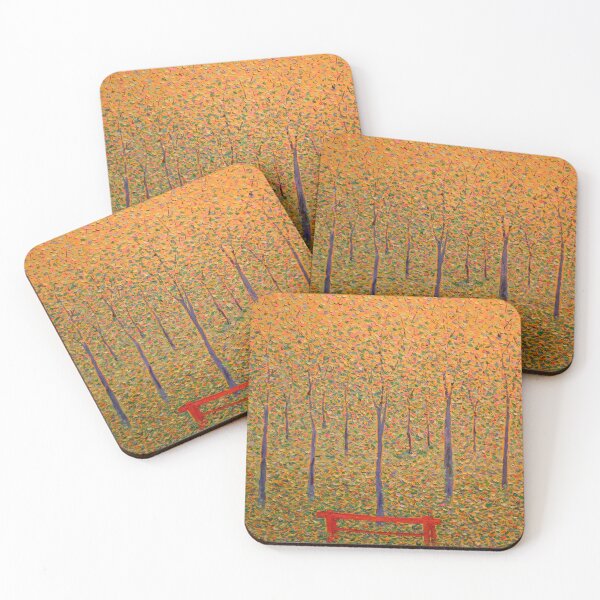 Item preview, Red Park Bench by Georges Seurat: Autumn Pointillist Forest Poster designed and sold by artofuniverse.