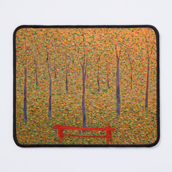 Item preview, Red Park Bench by Georges Seurat: Autumn Pointillist Forest Poster designed and sold by artofuniverse.