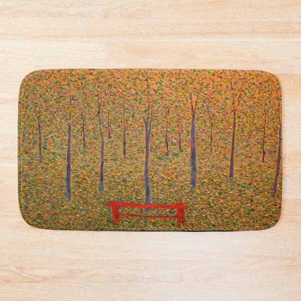 Item preview, Red Park Bench by Georges Seurat: Autumn Pointillist Forest Poster designed and sold by artofuniverse.