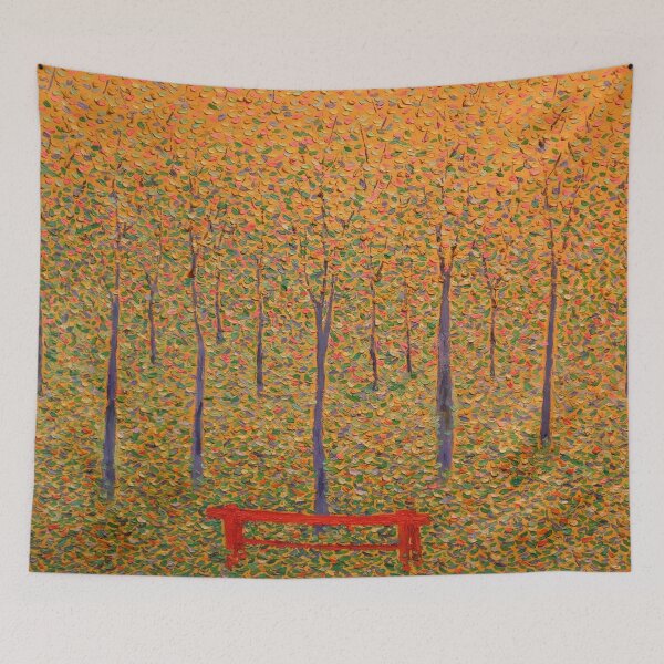 Item preview, Red Park Bench by Georges Seurat: Autumn Pointillist Forest Poster designed and sold by artofuniverse.