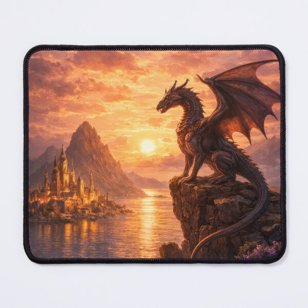 Item preview, Dragon Guardian at Sunset – Fantasy Castle and Sea Landscape designed and sold by DrakariArt.