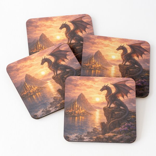 Item preview, Dragon Guardian at Sunset – Fantasy Castle and Sea Landscape designed and sold by DrakariArt.