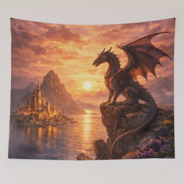 Item preview, Dragon Guardian at Sunset – Fantasy Castle and Sea Landscape designed and sold by DrakariArt.