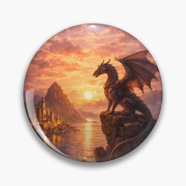 Item preview, Dragon Guardian at Sunset – Fantasy Castle and Sea Landscape designed and sold by DrakariArt.