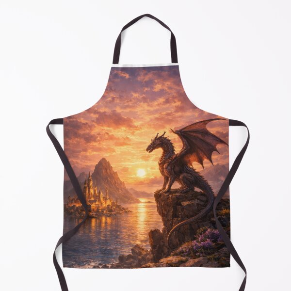 Item preview, Dragon Guardian at Sunset – Fantasy Castle and Sea Landscape designed and sold by DrakariArt.