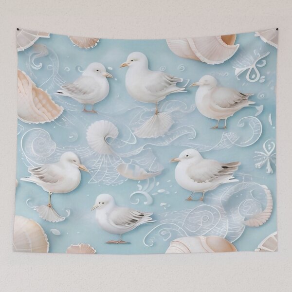 Item preview, Coastal Serenity: Seamless Seagulls and Seashells Pattern designed and sold by Serene Strokes Art.