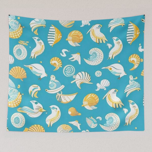 Item preview, Azure Shore Treasures: Stylized Birds and Shells Pattern designed and sold by Serene Strokes Art.